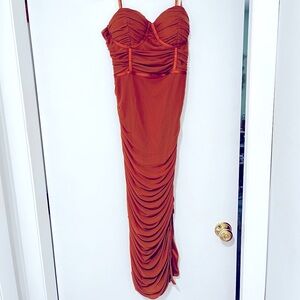 Rouched Bodycon Dress, Rust Color, Vintage Inspired style, size XL